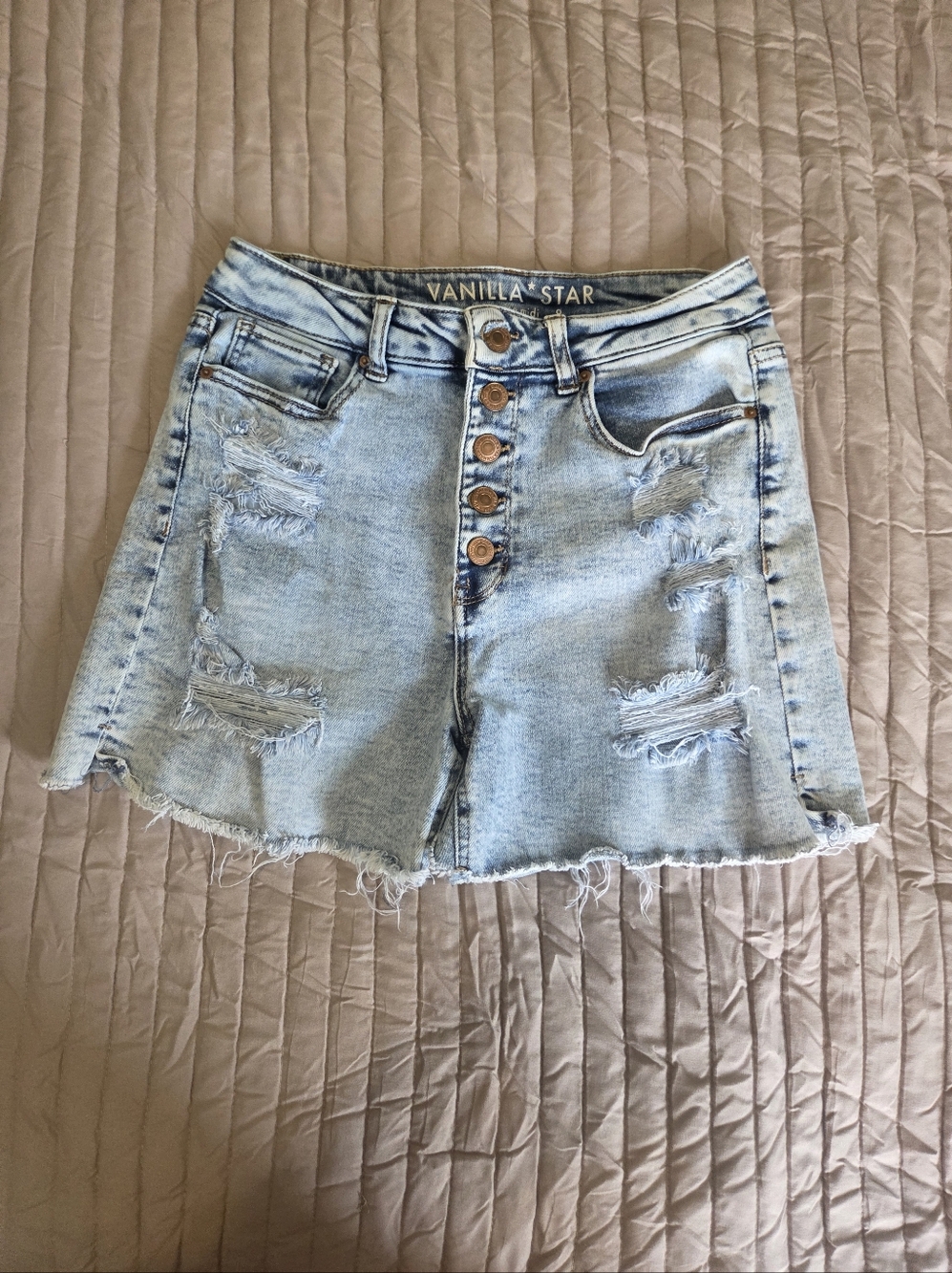 Vanilla Star High Rise Midi Distressed Button Fly Denim Shorts Denim Shorts (P57
